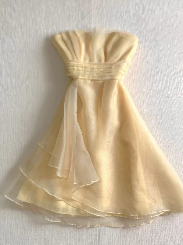 Yellow Organza A-Line Homecoming Dresses Strapless Birthday Party Dress  P1085