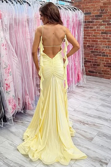 Yellow Spaghetti Strap Backless Mermaid Prom Dress With Slit P1025