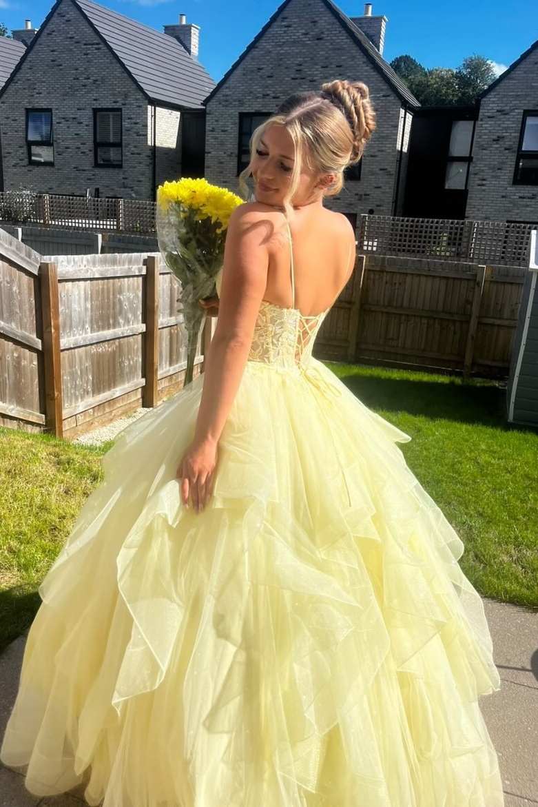 Yellow Spaghetti Straps Sweetheart Ruffles A-Line Tulle Prom Dress  P2438