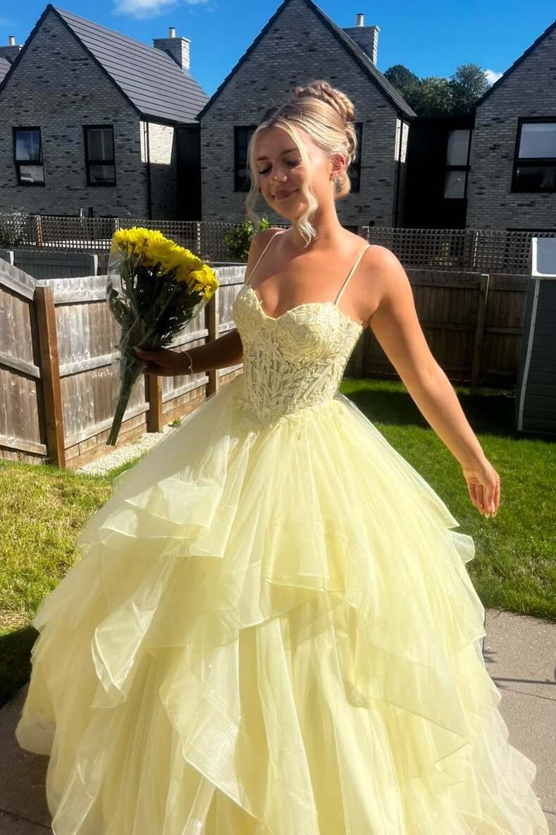 Yellow Spaghetti Straps Sweetheart Ruffles A-Line Tulle Prom Dress  P2438
