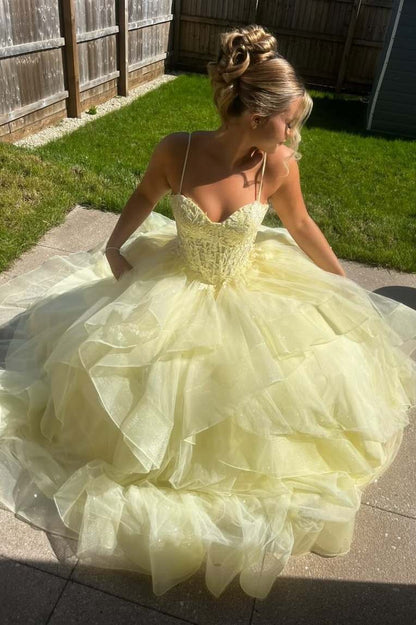 Yellow Spaghetti Straps Sweetheart Ruffles A-Line Tulle Prom Dress  P2438