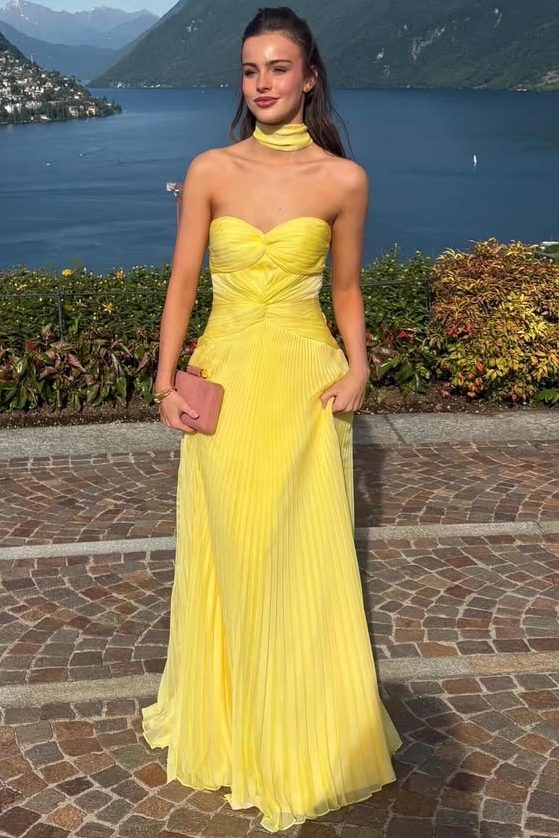 Yellow Strapless A-Line Pleated Long Wedding Guest Dress  P2450