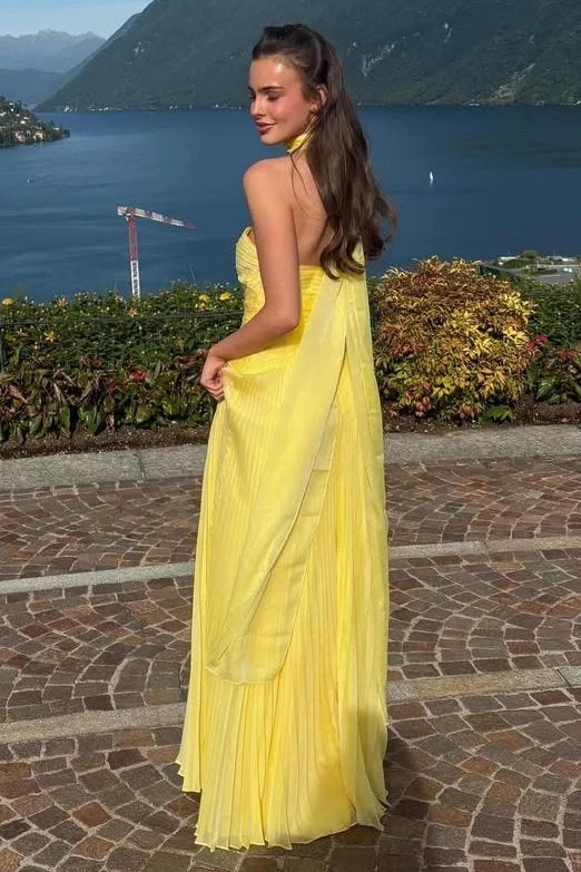 Yellow Strapless A-Line Pleated Long Wedding Guest Dress  P2450