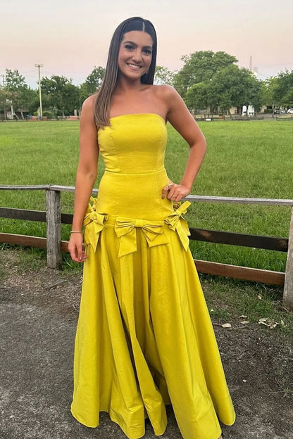 Yellow Strapless Bow-Detail A-Line Long Prom Dress  P2553