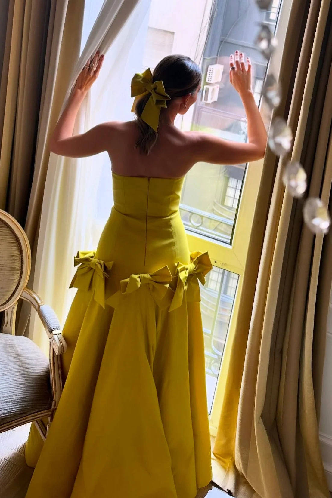 Yellow Strapless Bow-Detail A-Line Long Prom Dress  P2553