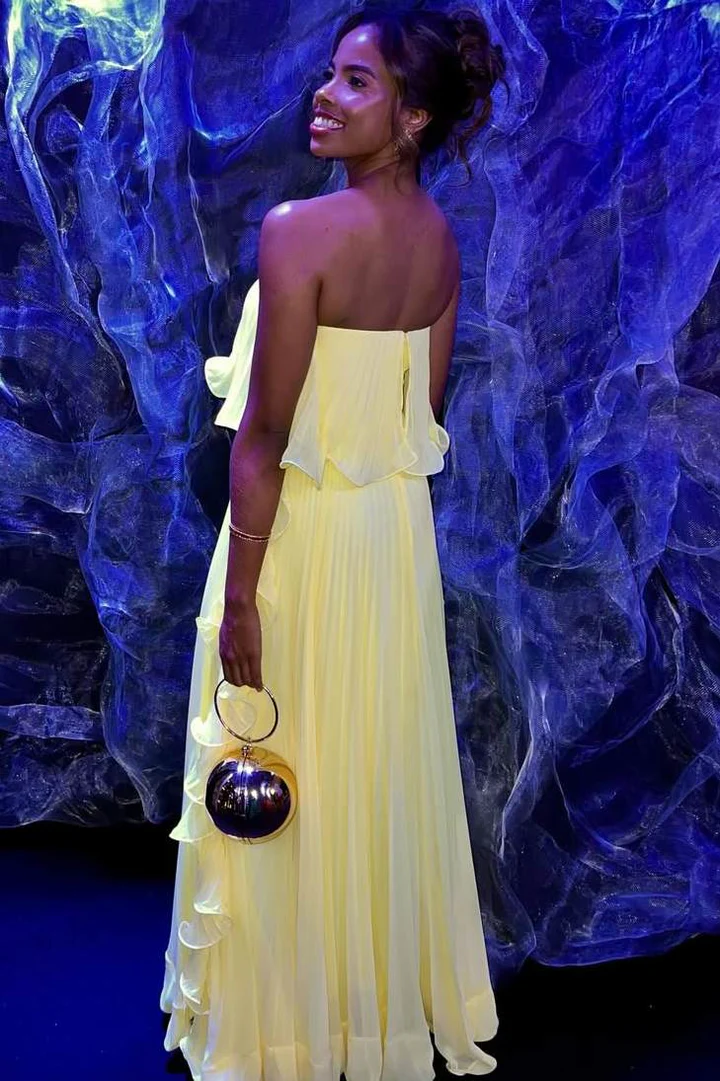 Yellow Strapless Pleated A-Line Ruffles Long Prom Dress P838
