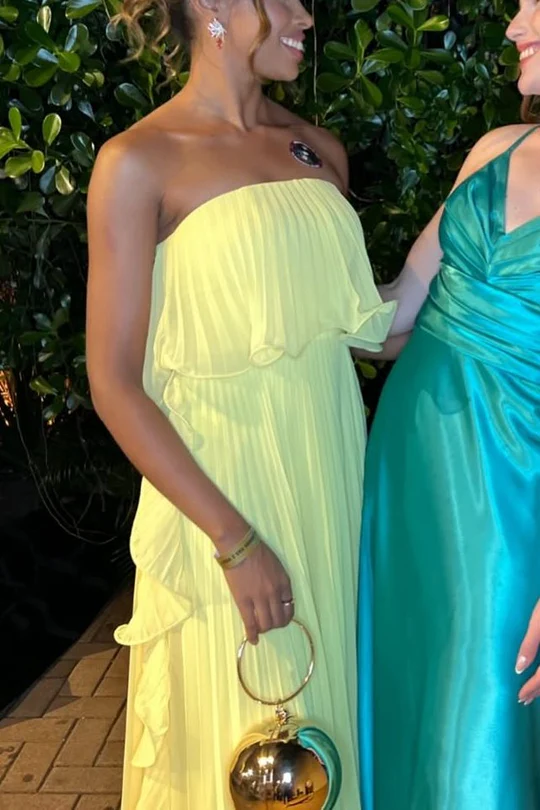 Yellow Strapless Pleated A-Line Ruffles Long Prom Dress P838