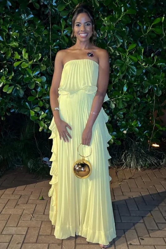 Yellow Strapless Pleated A-Line Ruffles Long Prom Dress P838
