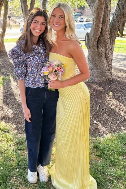 Yellow Strapless Pleated Formal Prom Dress Wedding Guest Dress  P2566