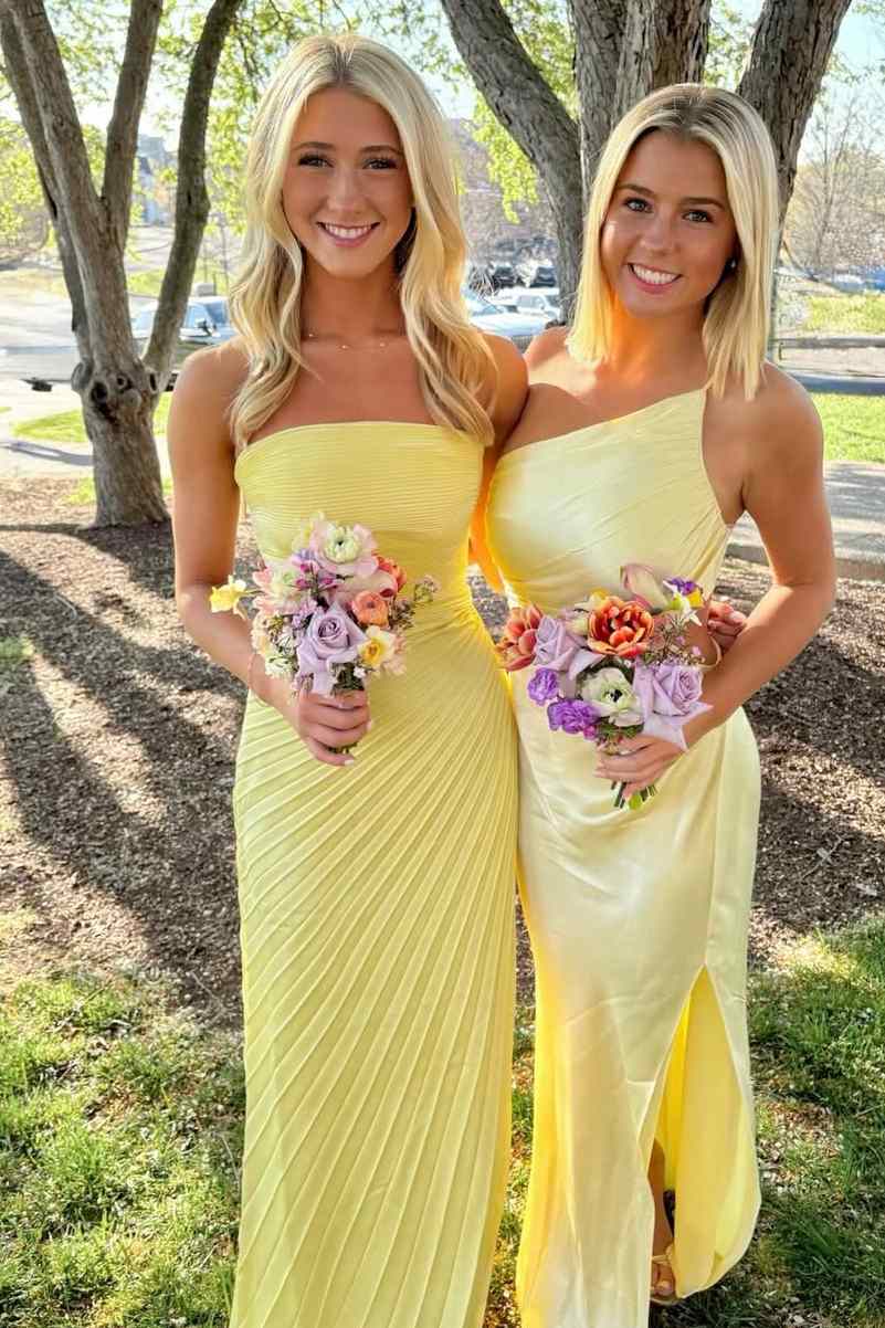 Yellow Strapless Pleated Formal Prom Dress Wedding Guest Dress  P2566