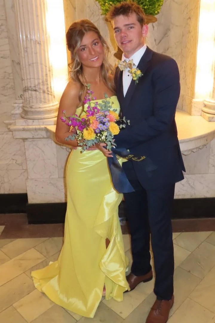 Yellow Strapless Ruffles Mermaid Prom Dress With Slit  P1148