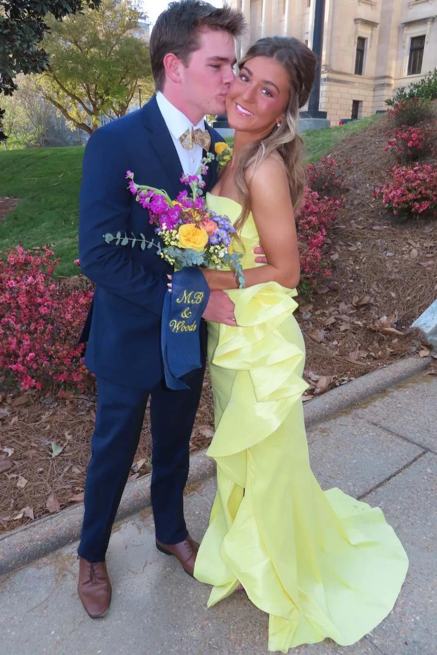 Yellow Strapless Ruffles Mermaid Prom Dress With Slit  P1148