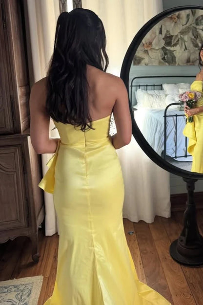 Yellow Strapless Ruffles Mermaid Prom Dress With Slit  P1148