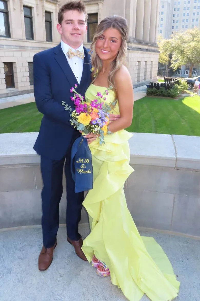 Yellow Strapless Ruffles Mermaid Prom Dress With Slit  P1148