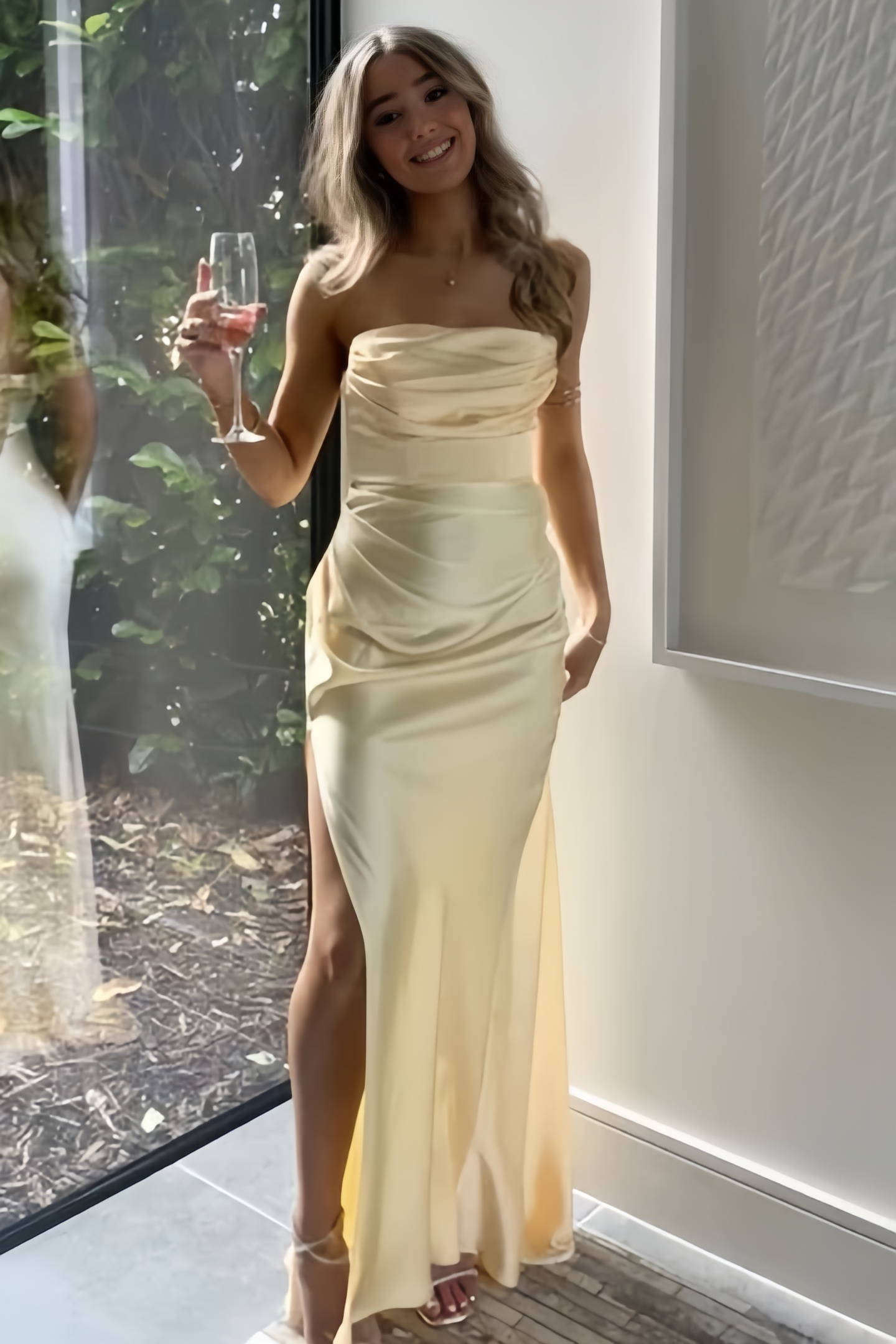 Yellow Strapless Satin Formal Prom Dress With Side Slit P835
