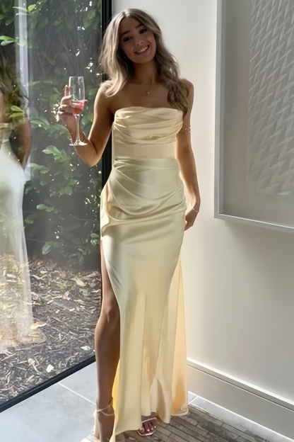 Yellow Strapless Satin Formal Prom Dress With Side Slit P835