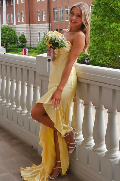 Yellow Strapless Satin Ruffles Prom Dress With Slit  P858