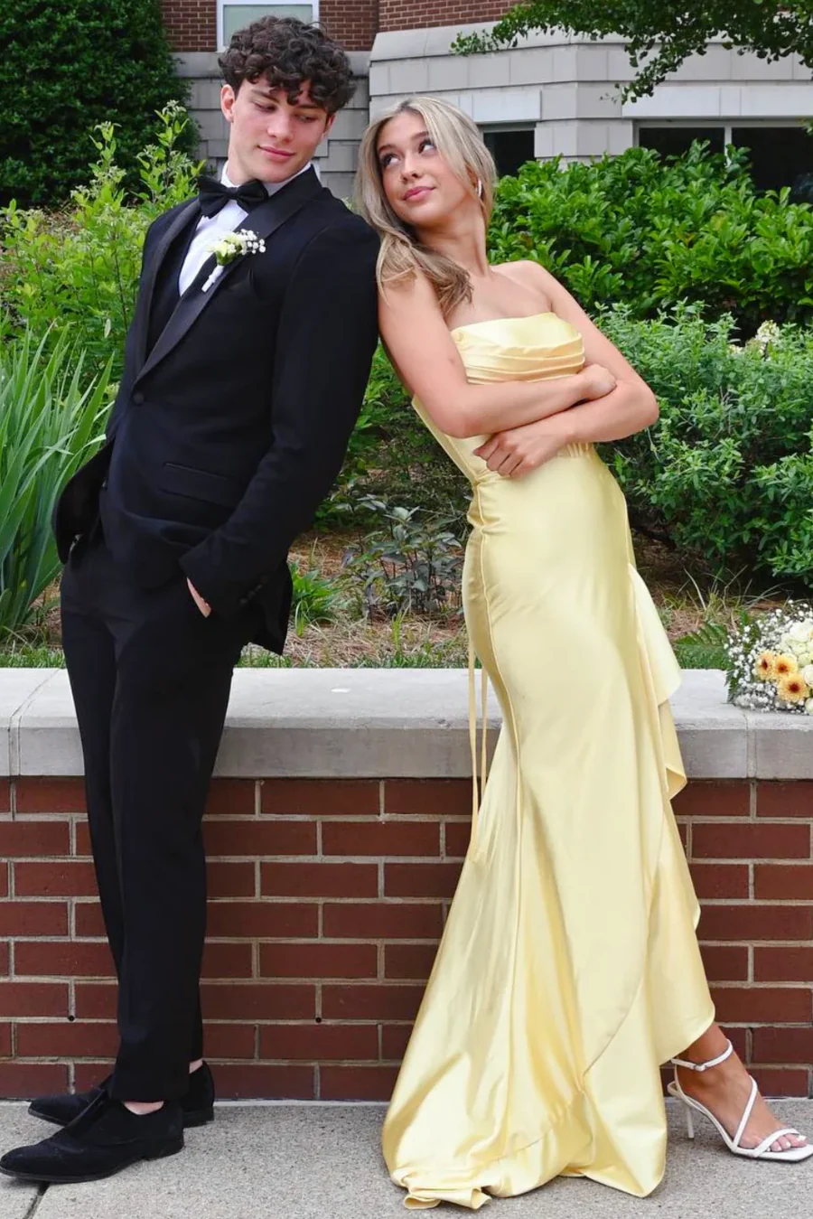 Yellow Strapless Satin Ruffles Prom Dress With Slit  P858