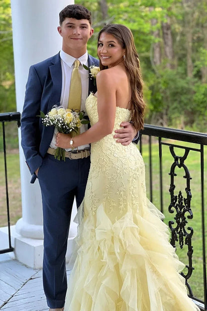 Yellow Strapless Sleeveless Ruffles Tulle Long Prom Dress with Appliques  P2511