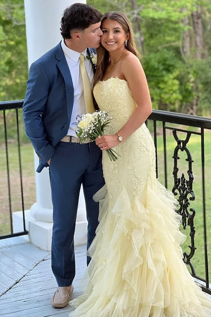 Yellow Strapless Sleeveless Ruffles Tulle Long Prom Dress with Appliques  P2511
