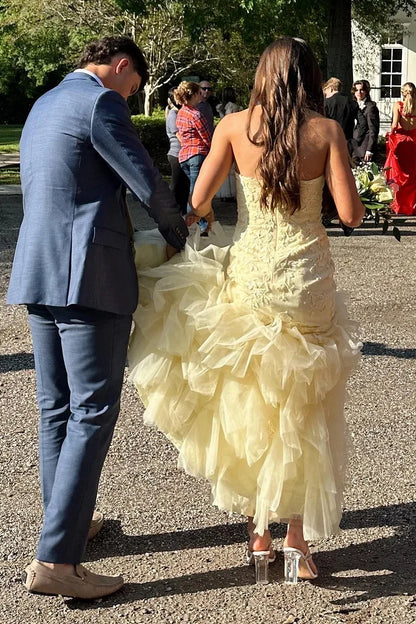 Yellow Strapless Sleeveless Ruffles Tulle Long Prom Dress with Appliques  P2511