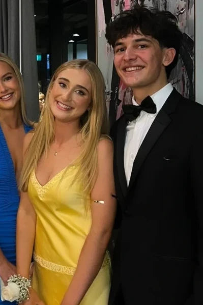 Yellow V-Neck Satin Formal Prom Dress  P2568