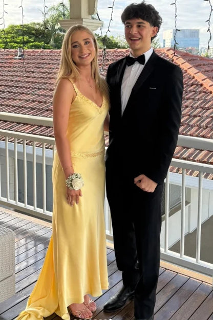 Yellow V-Neck Satin Formal Prom Dress  P2568
