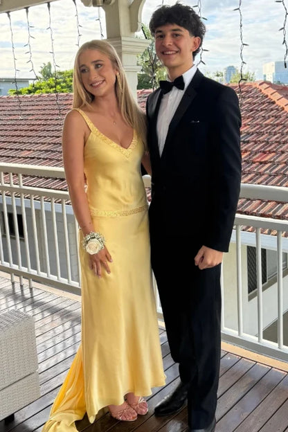 Yellow V-Neck Satin Formal Prom Dress  P2568