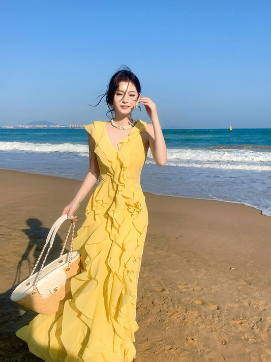 Yellow Ruffled A Line Chiffon Wedding Guest Dress Holiday Dress   P674