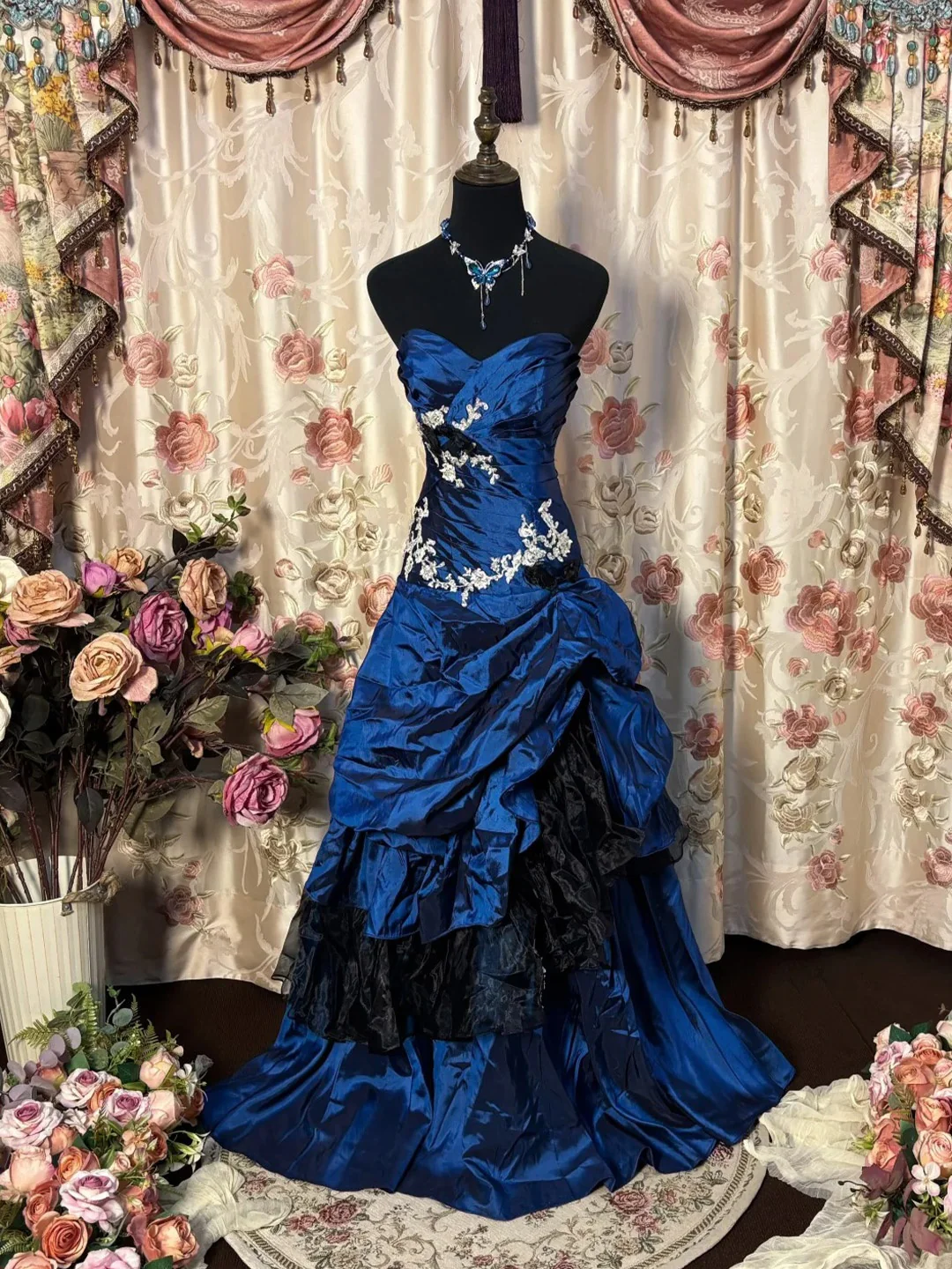Sweetheart Navy Blue Vintage Prom Dress Taffeta Formal Dress  P886
