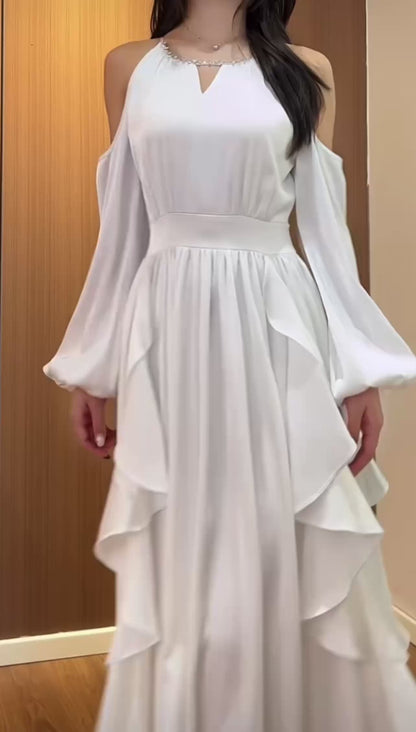 Round Neck A Line Ruffled Wedding Dress Chiffon Evening Dress  P1551