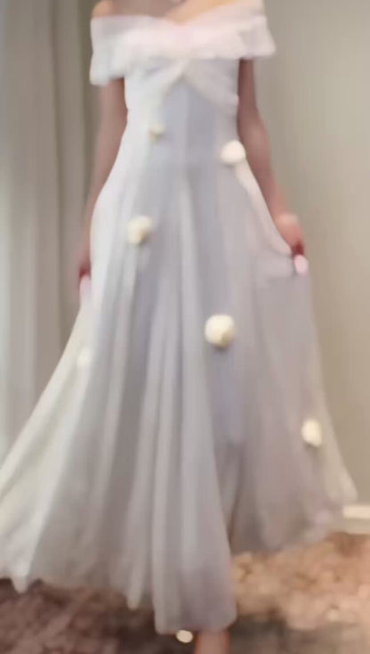 Off The Shoulder White Graduation Dress Ruffled Birthday Dress with Flowers  P1549